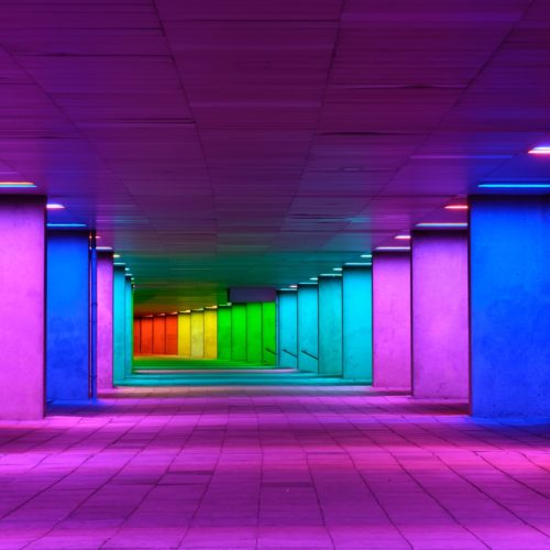 Colorful mulitcolord illuminated gallery tunnel near Museum Park, Rotterdam, The Netherlands